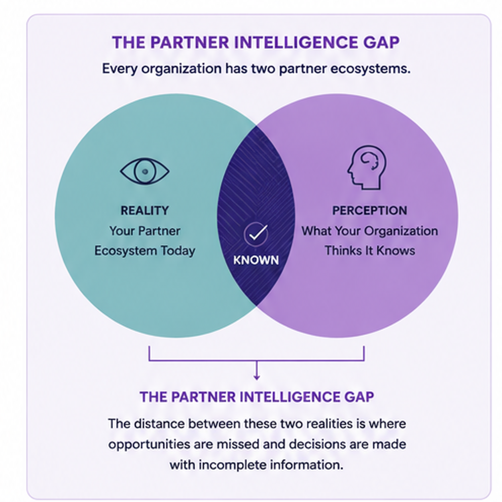 The Partner Intelligence Gap framework showing the difference between ecosystem reality and organizational understanding